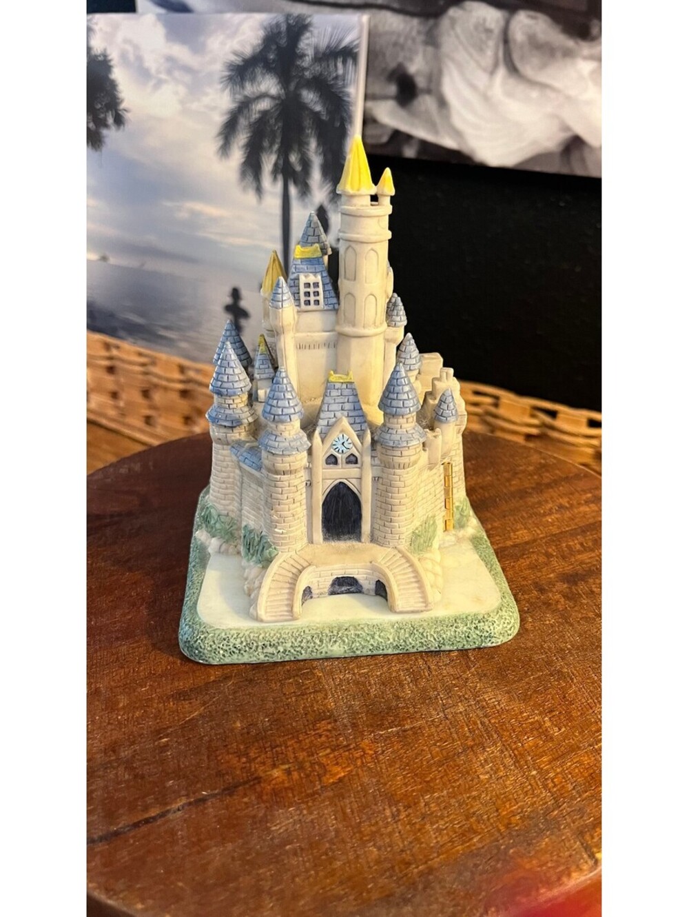 Vintage Disney Castle Ceramic Figurine with Blue and Yellow Roof Accents